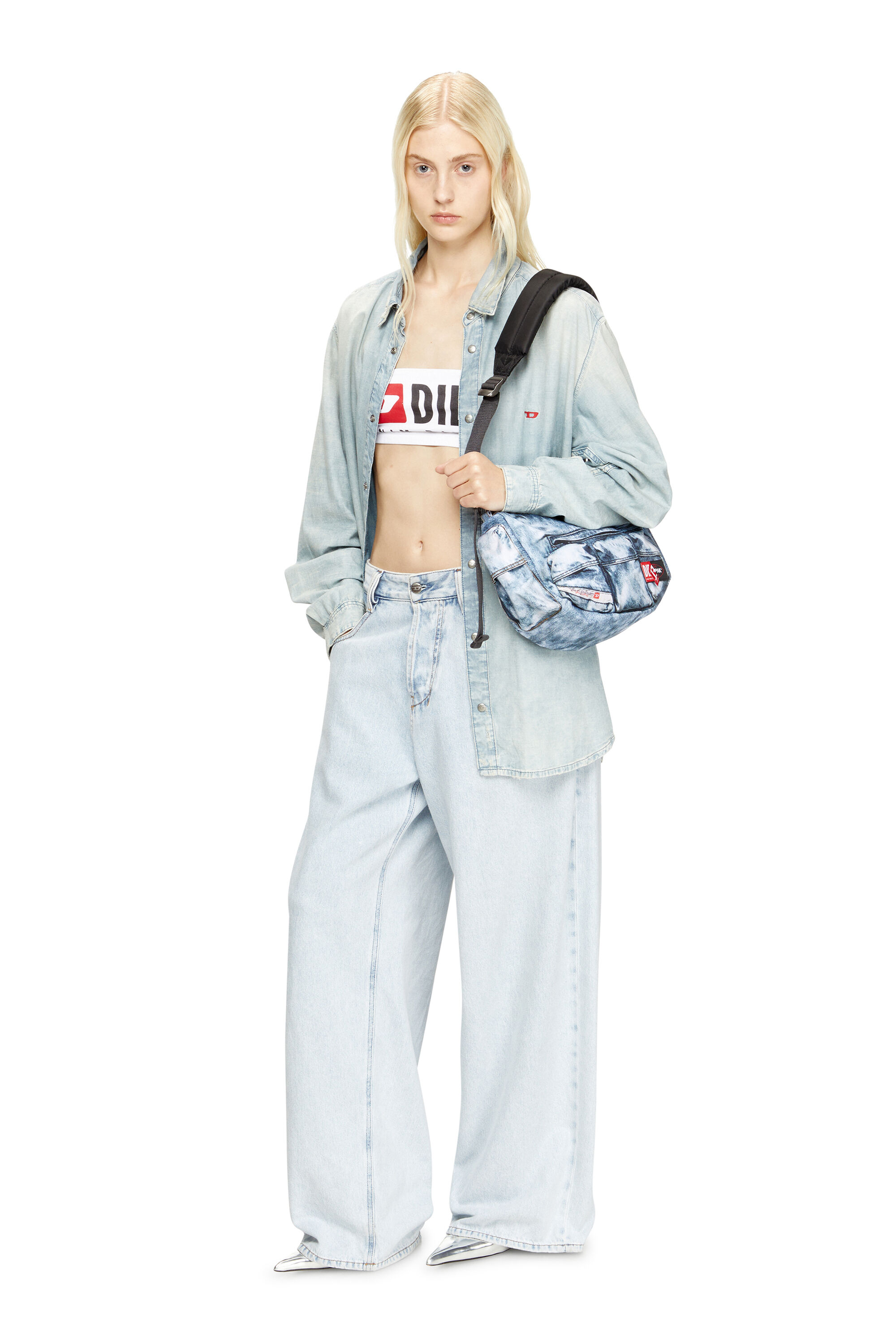 Diesel - DIESEL SHOULDER BAG, Unisex's Multipocket bag in trompe l'oeil denim in Blue - 7