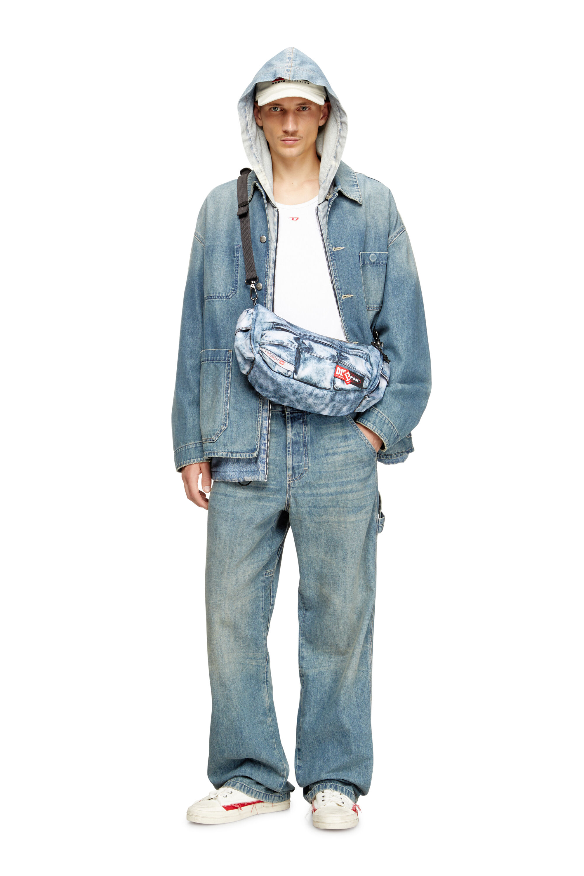 Diesel - DIESEL SHOULDER BAG, Unisex's Multipocket bag in trompe l'oeil denim in Blue - 5