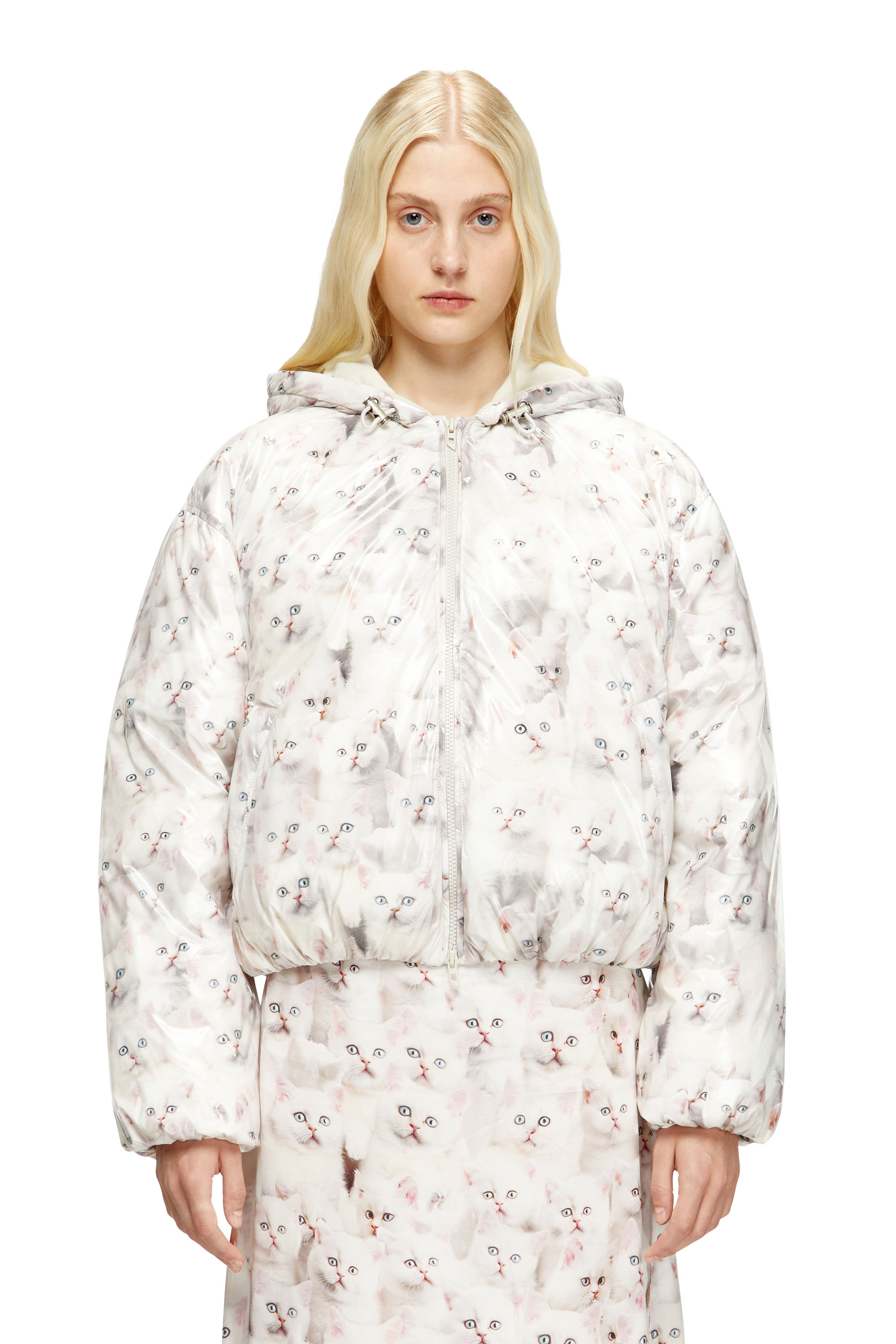 Diesel - W-INNER-R1, Woman's Padded jacket with cat print in White - 1