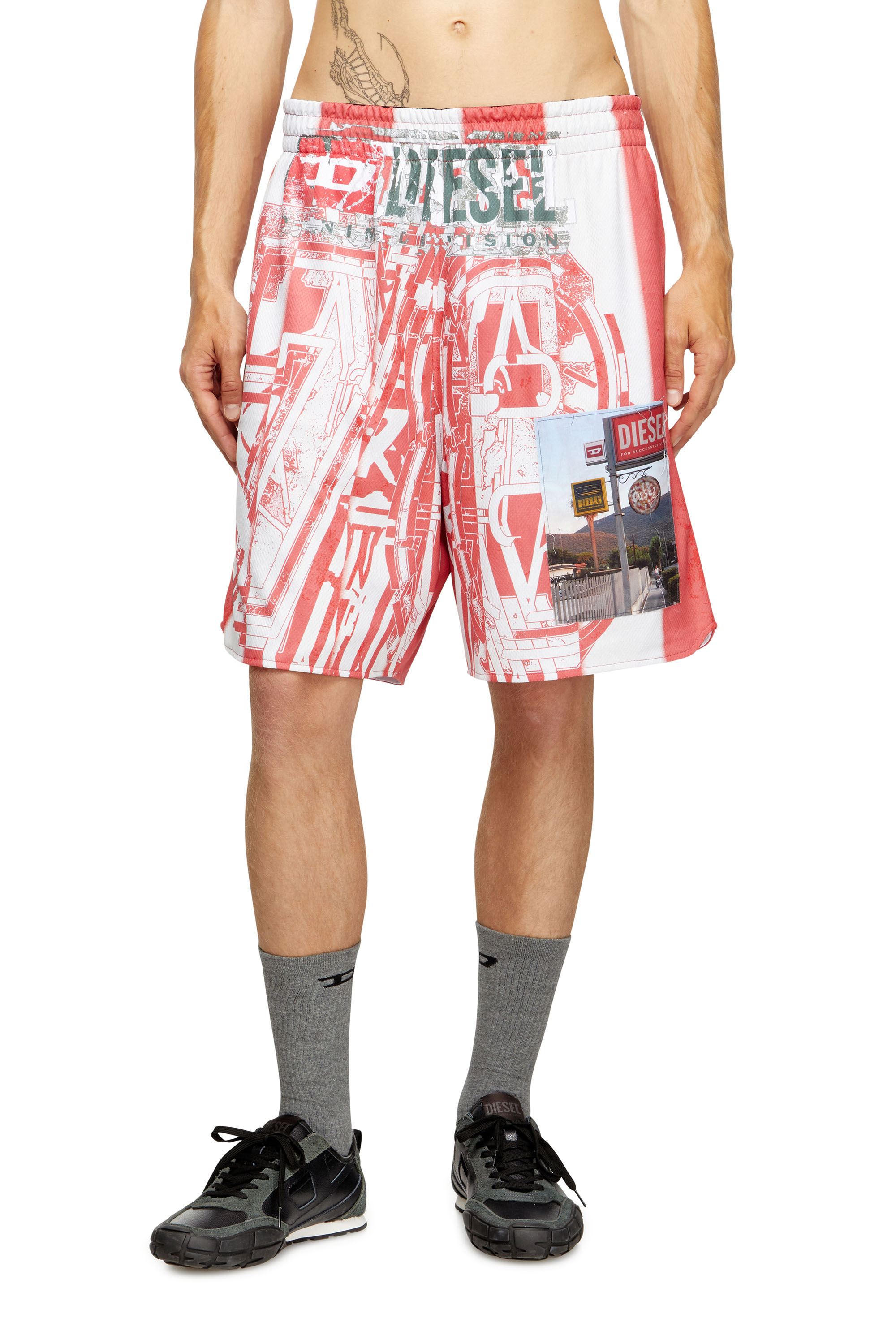 Diesel - P-KURT, Man's Striped shorts with photo patches in Red/White - 1
