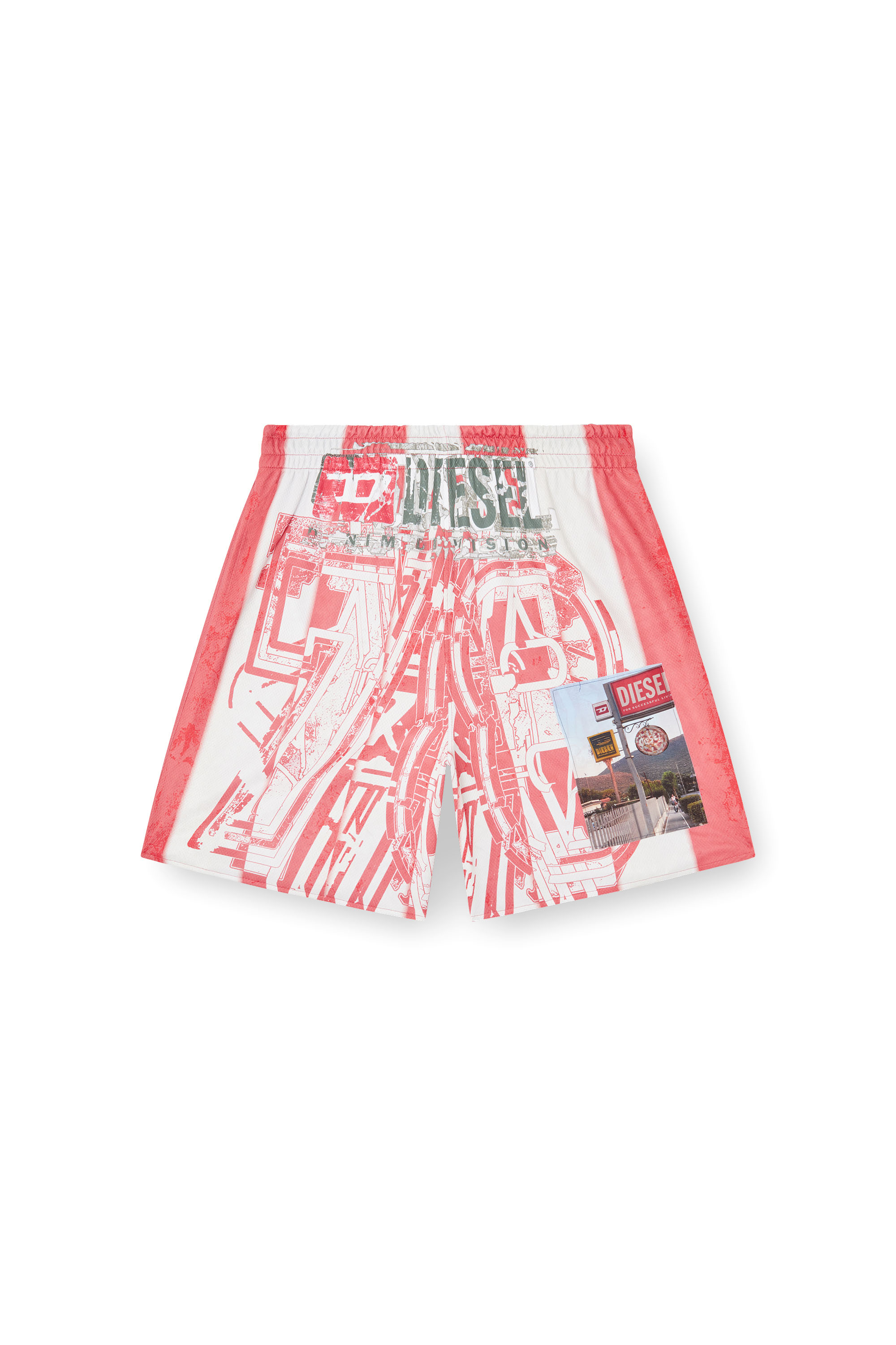 Diesel - P-KURT, Man's Striped shorts with photo patches in Red/White - 3